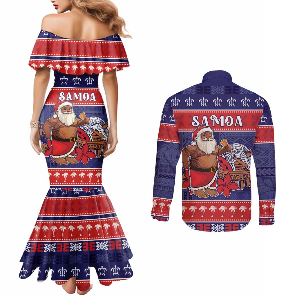 Samoa Christmas Couples Matching Mermaid Dress and Long Sleeve Button Shirt Samoan Santa Claus Manuia Le Kerisimasi LT05 - Polynesian Pride