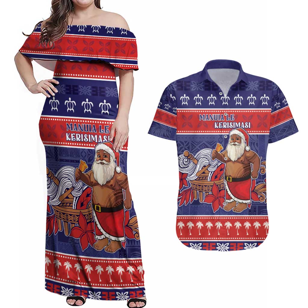Samoa Christmas Couples Matching Off Shoulder Maxi Dress and Hawaiian Shirt Samoan Santa Claus Manuia Le Kerisimasi LT05 Blue - Polynesian Pride
