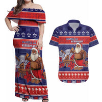 Samoa Christmas Couples Matching Off Shoulder Maxi Dress and Hawaiian Shirt Samoan Santa Claus Manuia Le Kerisimasi LT05 Blue - Polynesian Pride
