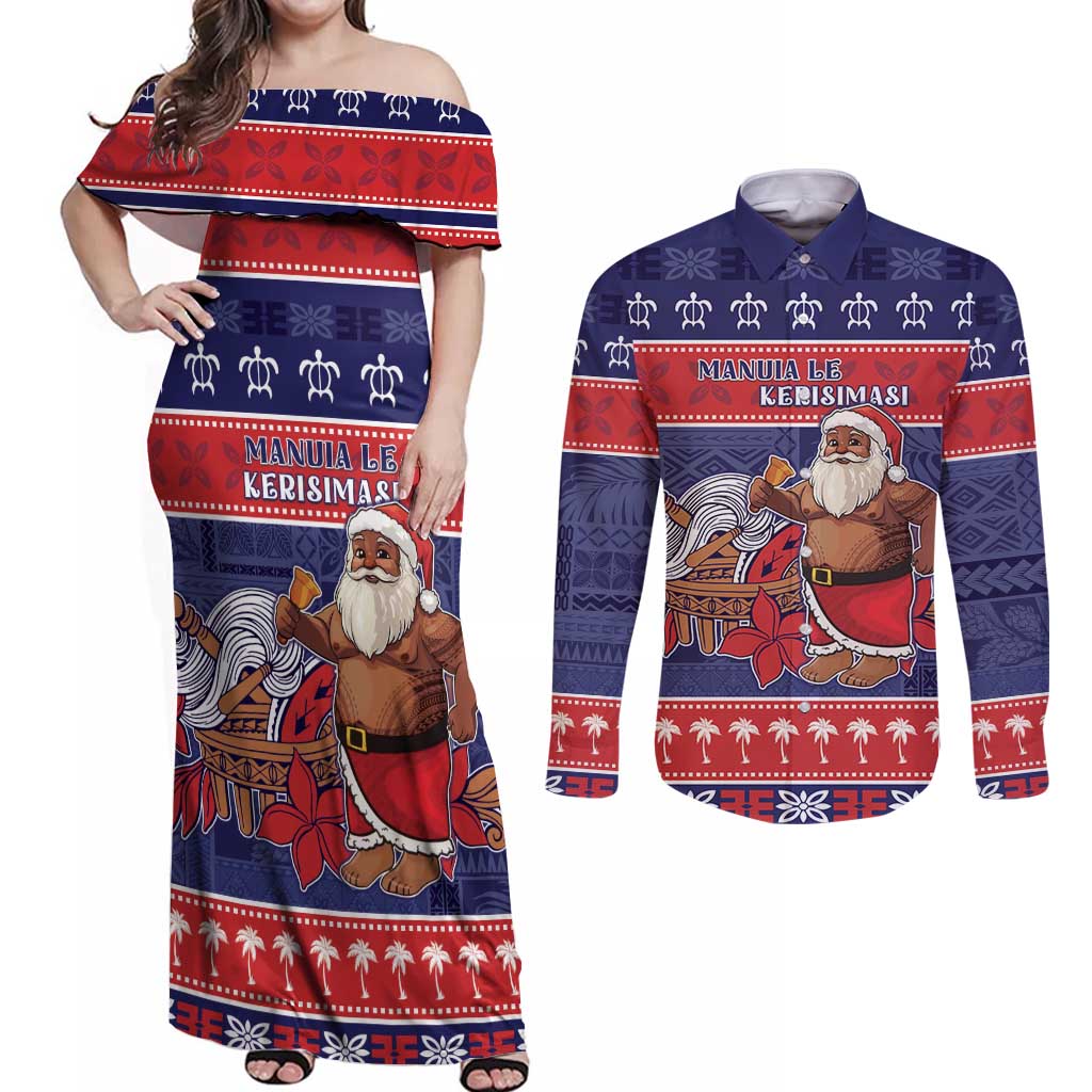 Samoa Christmas Couples Matching Off Shoulder Maxi Dress and Long Sleeve Button Shirt Samoan Santa Claus Manuia Le Kerisimasi LT05 Blue - Polynesian Pride
