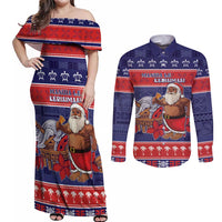 Samoa Christmas Couples Matching Off Shoulder Maxi Dress and Long Sleeve Button Shirt Samoan Santa Claus Manuia Le Kerisimasi LT05 Blue - Polynesian Pride