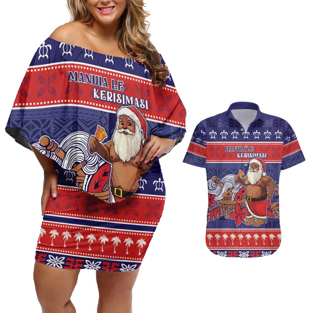 Samoa Christmas Couples Matching Off Shoulder Short Dress and Hawaiian Shirt Samoan Santa Claus Manuia Le Kerisimasi LT05 Blue - Polynesian Pride