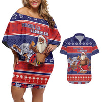 Samoa Christmas Couples Matching Off Shoulder Short Dress and Hawaiian Shirt Samoan Santa Claus Manuia Le Kerisimasi LT05 Blue - Polynesian Pride