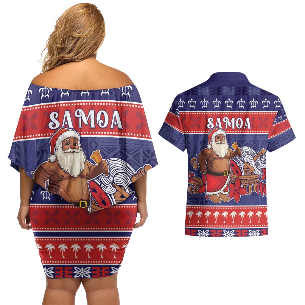 Samoa Christmas Couples Matching Off Shoulder Short Dress and Hawaiian Shirt Samoan Santa Claus Manuia Le Kerisimasi LT05 - Polynesian Pride