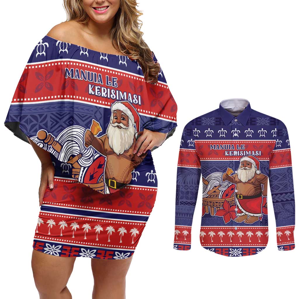 Samoa Christmas Couples Matching Off Shoulder Short Dress and Long Sleeve Button Shirt Samoan Santa Claus Manuia Le Kerisimasi LT05 Blue - Polynesian Pride