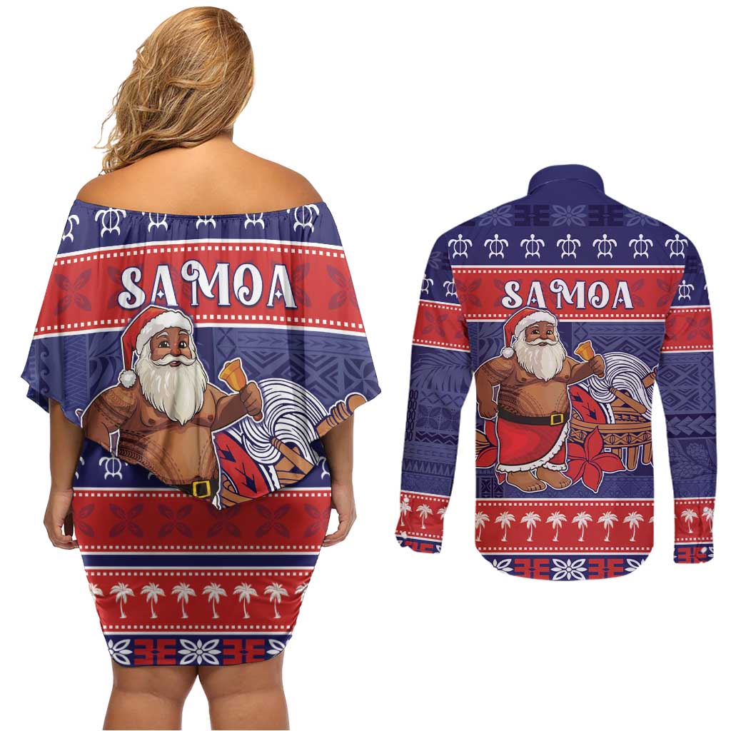Samoa Christmas Couples Matching Off Shoulder Short Dress and Long Sleeve Button Shirt Samoan Santa Claus Manuia Le Kerisimasi LT05 - Polynesian Pride