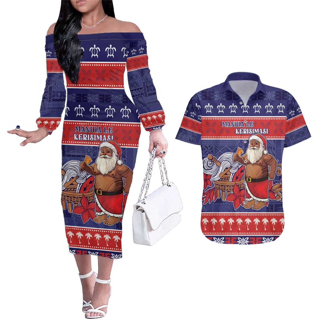 Samoa Christmas Couples Matching Off The Shoulder Long Sleeve Dress and Hawaiian Shirt Samoan Santa Claus Manuia Le Kerisimasi LT05 Blue - Polynesian Pride