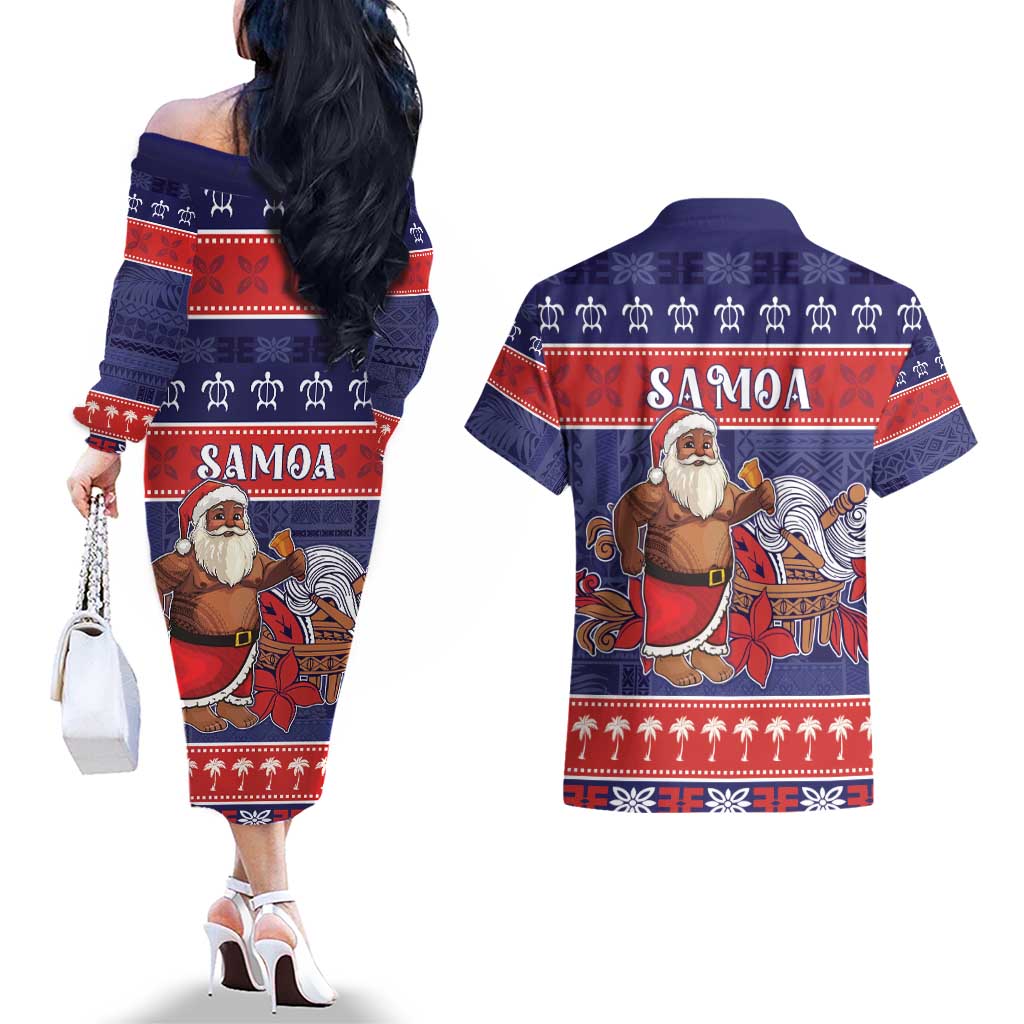 Samoa Christmas Couples Matching Off The Shoulder Long Sleeve Dress and Hawaiian Shirt Samoan Santa Claus Manuia Le Kerisimasi LT05 - Polynesian Pride