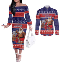 Samoa Christmas Couples Matching Off The Shoulder Long Sleeve Dress and Long Sleeve Button Shirt Samoan Santa Claus Manuia Le Kerisimasi LT05 Blue - Polynesian Pride