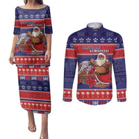 Samoa Christmas Couples Matching Puletasi and Long Sleeve Button Shirt Samoan Santa Claus Manuia Le Kerisimasi LT05 Blue - Polynesian Pride