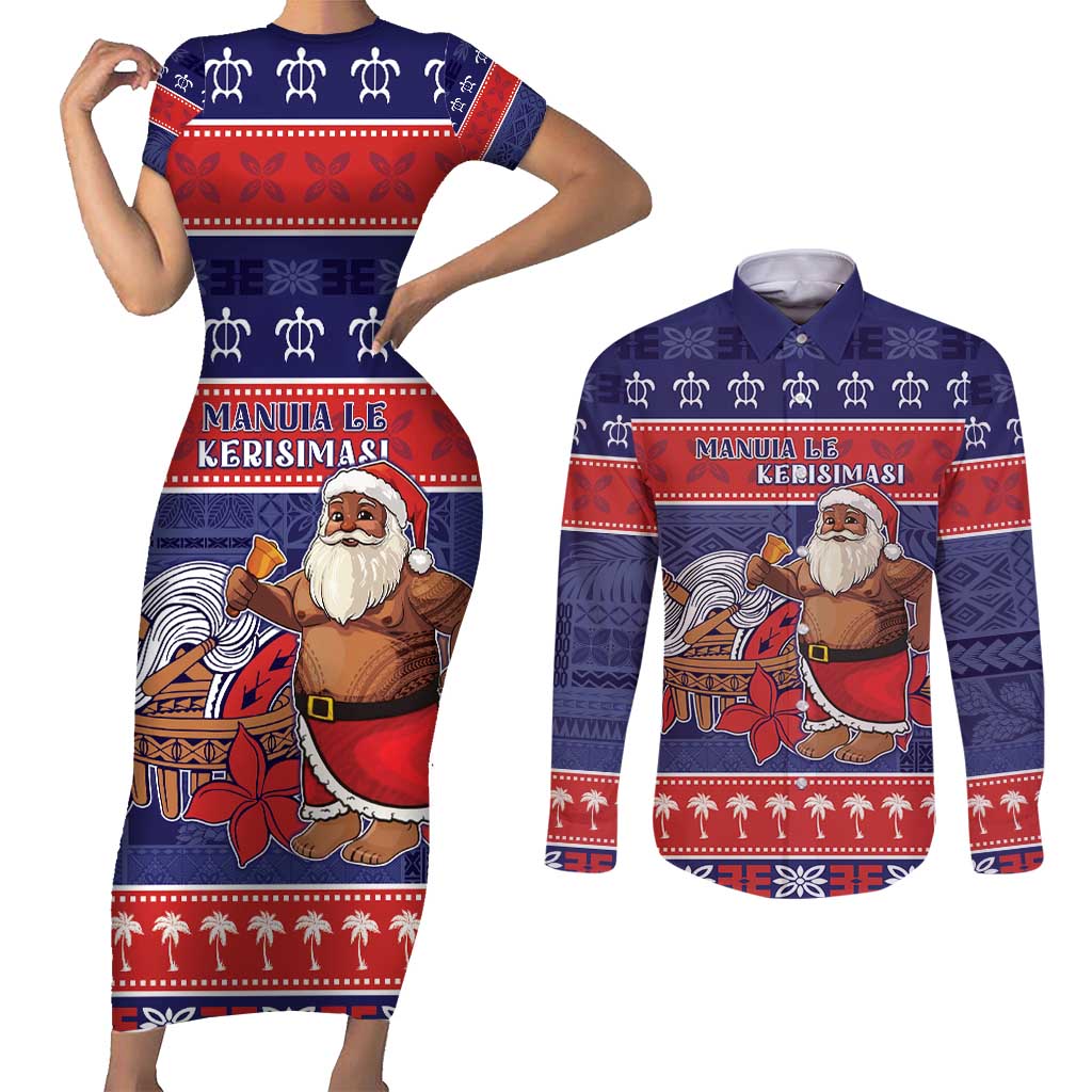 Samoa Christmas Couples Matching Short Sleeve Bodycon Dress and Long Sleeve Button Shirt Samoan Santa Claus Manuia Le Kerisimasi LT05 Blue - Polynesian Pride