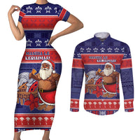 Samoa Christmas Couples Matching Short Sleeve Bodycon Dress and Long Sleeve Button Shirt Samoan Santa Claus Manuia Le Kerisimasi LT05 Blue - Polynesian Pride