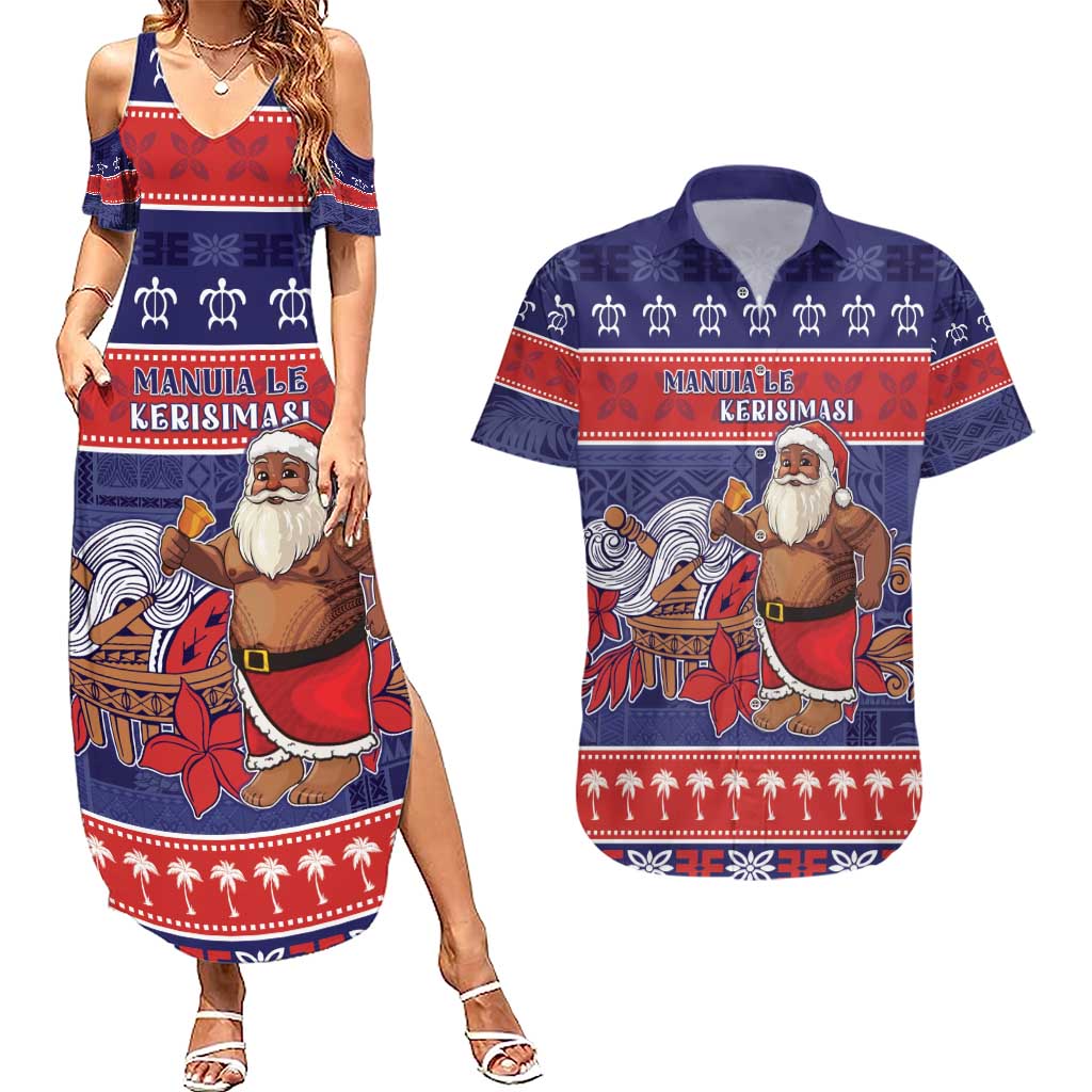 Samoa Christmas Couples Matching Summer Maxi Dress and Hawaiian Shirt Samoan Santa Claus Manuia Le Kerisimasi LT05 Blue - Polynesian Pride