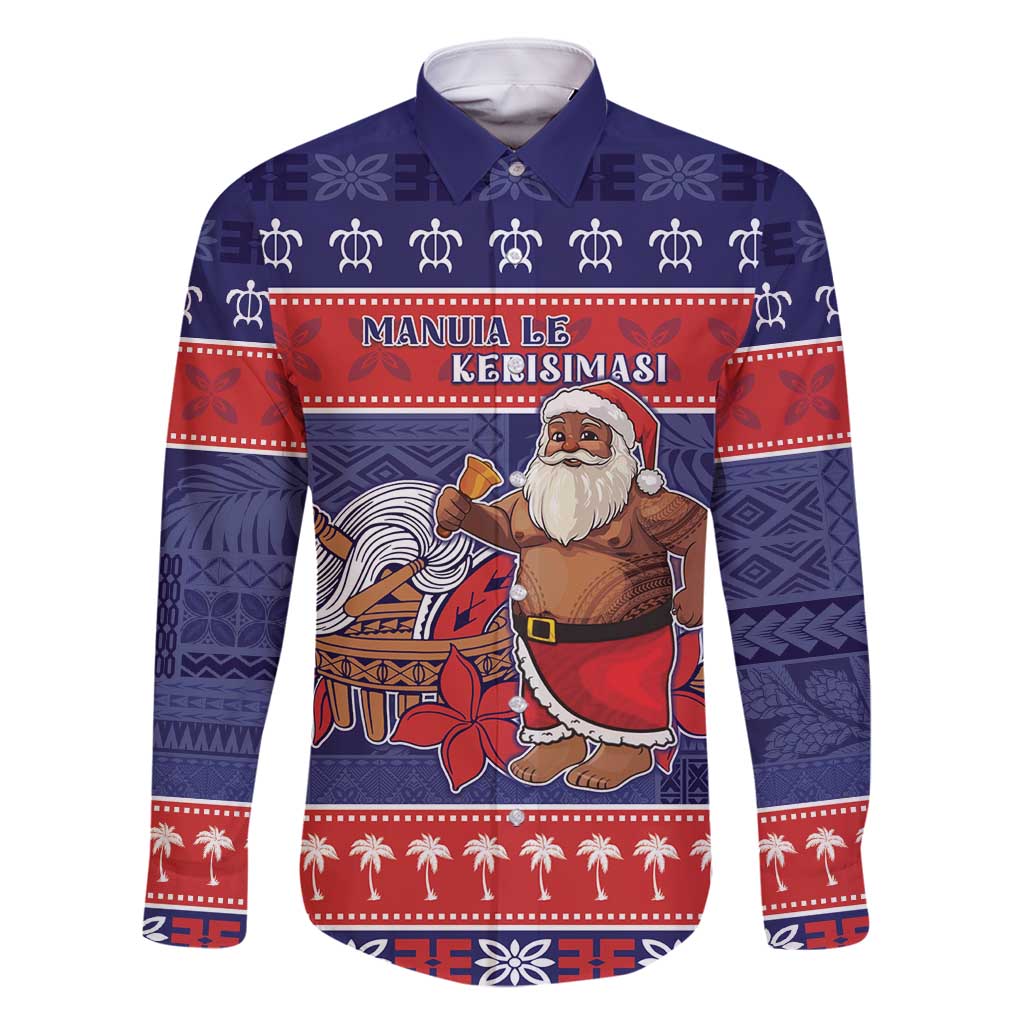 Samoa Christmas Family Matching Long Sleeve Bodycon Dress and Hawaiian Shirt Samoan Santa Claus Manuia Le Kerisimasi LT05 Dad's Shirt - Long Sleeve Blue - Polynesian Pride