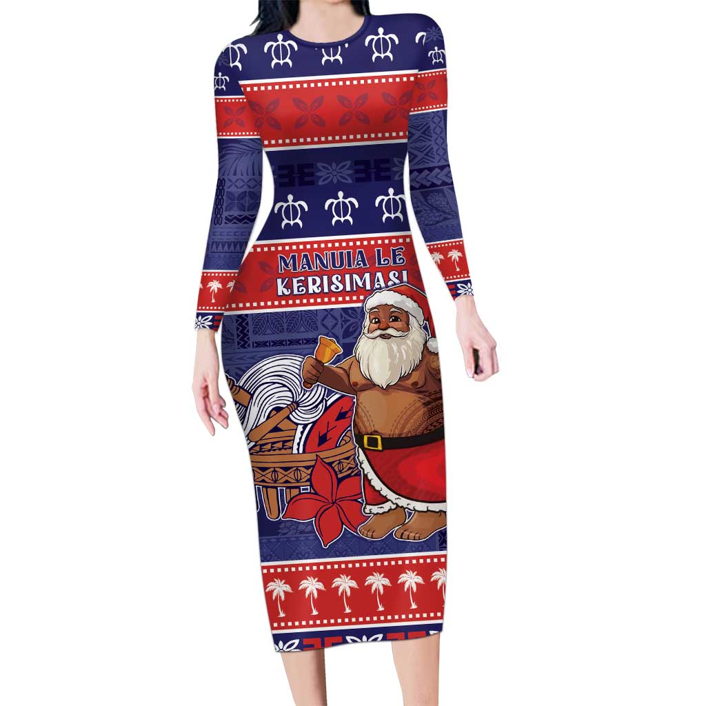 Samoa Christmas Family Matching Long Sleeve Bodycon Dress and Hawaiian Shirt Samoan Santa Claus Manuia Le Kerisimasi LT05 Mom's Dress Blue - Polynesian Pride