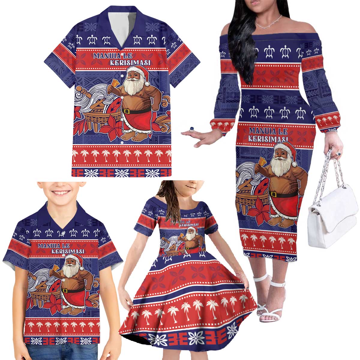 Samoa Christmas Family Matching Off The Shoulder Long Sleeve Dress and Hawaiian Shirt Samoan Santa Claus Manuia Le Kerisimasi LT05 - Polynesian Pride