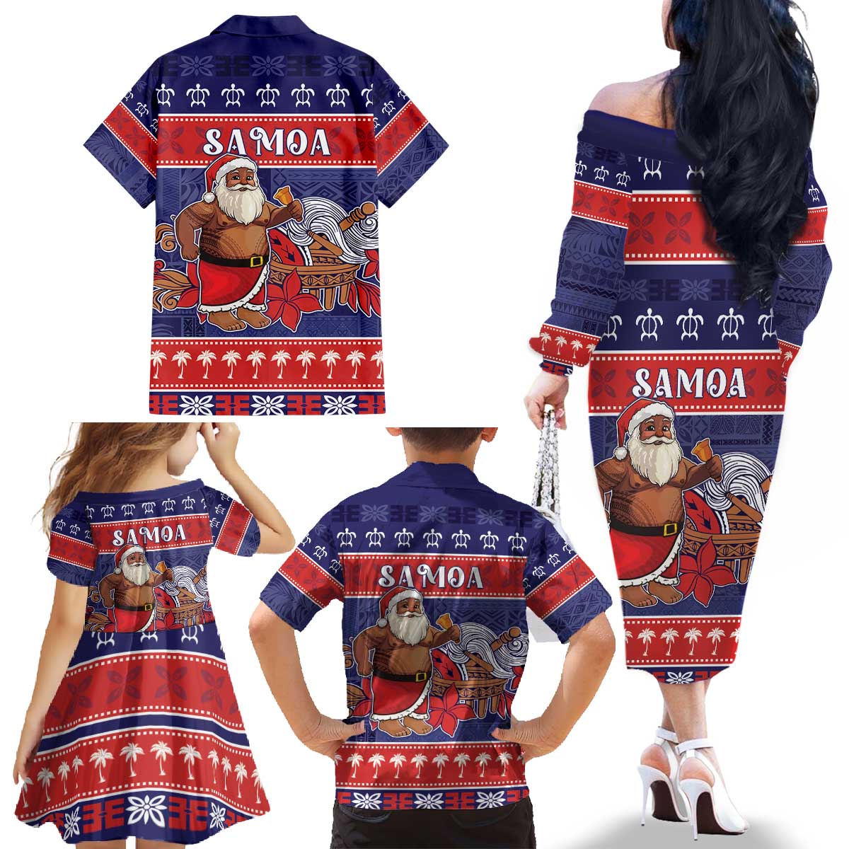 Samoa Christmas Family Matching Off The Shoulder Long Sleeve Dress and Hawaiian Shirt Samoan Santa Claus Manuia Le Kerisimasi LT05 - Polynesian Pride
