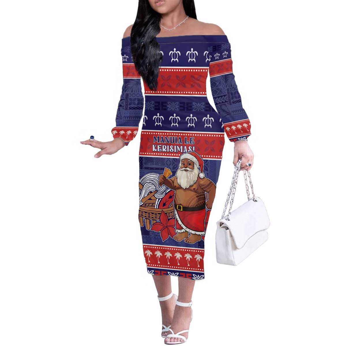 Samoa Christmas Family Matching Off The Shoulder Long Sleeve Dress and Hawaiian Shirt Samoan Santa Claus Manuia Le Kerisimasi LT05 Mom's Dress Blue - Polynesian Pride