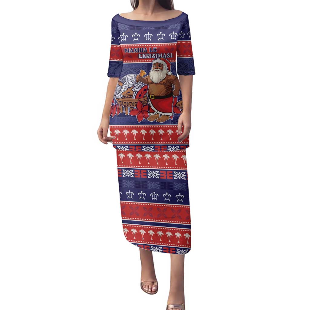 Samoa Christmas Family Matching Puletasi and Hawaiian Shirt Samoan Santa Claus Manuia Le Kerisimasi LT05 Mom's Dress Blue - Polynesian Pride