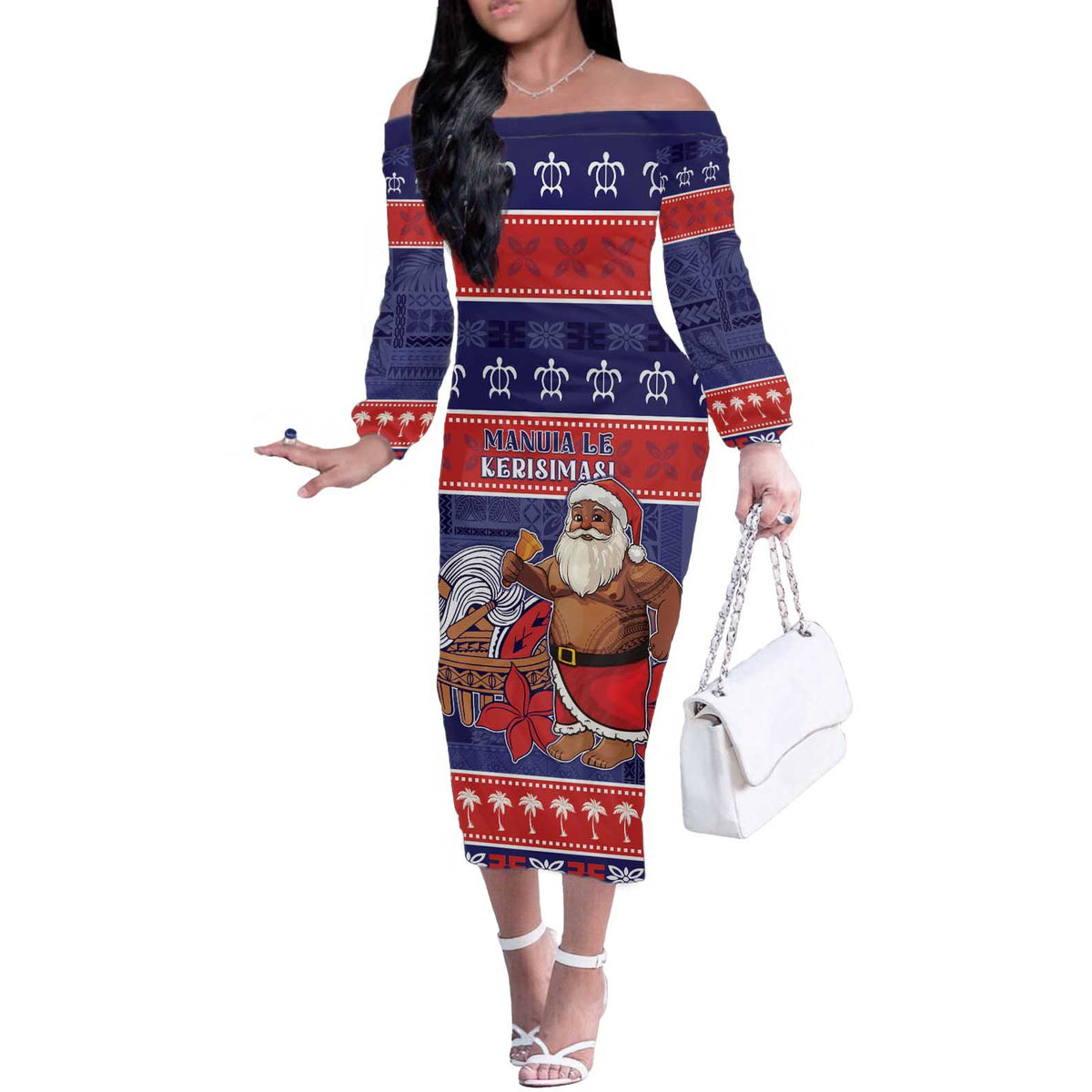 Samoa Christmas Off The Shoulder Long Sleeve Dress Samoan Santa Claus Manuia Le Kerisimasi LT05 Women Blue - Polynesian Pride