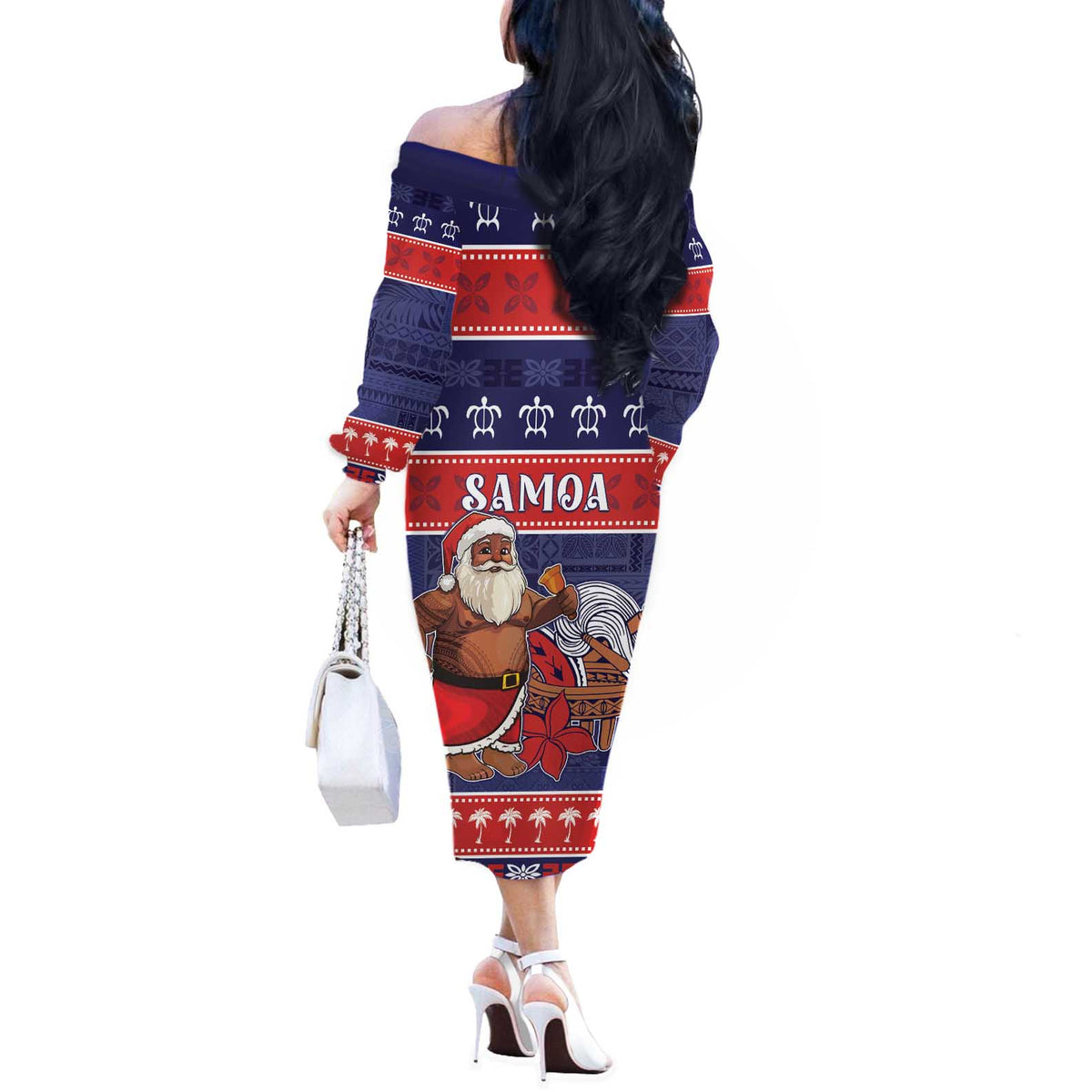 Samoa Christmas Off The Shoulder Long Sleeve Dress Samoan Santa Claus Manuia Le Kerisimasi LT05 - Polynesian Pride