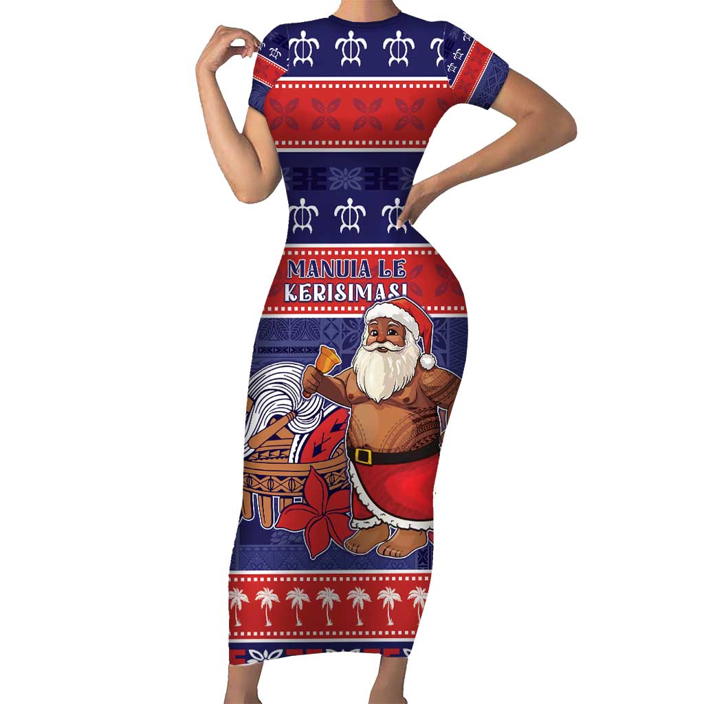 Samoa Christmas Short Sleeve Bodycon Dress Samoan Santa Claus Manuia Le Kerisimasi LT05 Long Dress Blue - Polynesian Pride