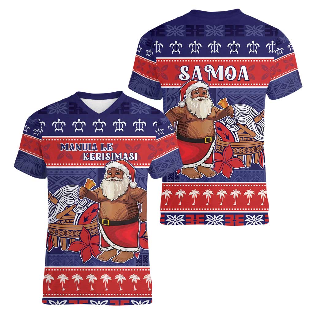 Samoa Christmas Women V-Neck T-Shirt Samoan Santa Claus Manuia Le Kerisimasi LT05 - Polynesian Pride