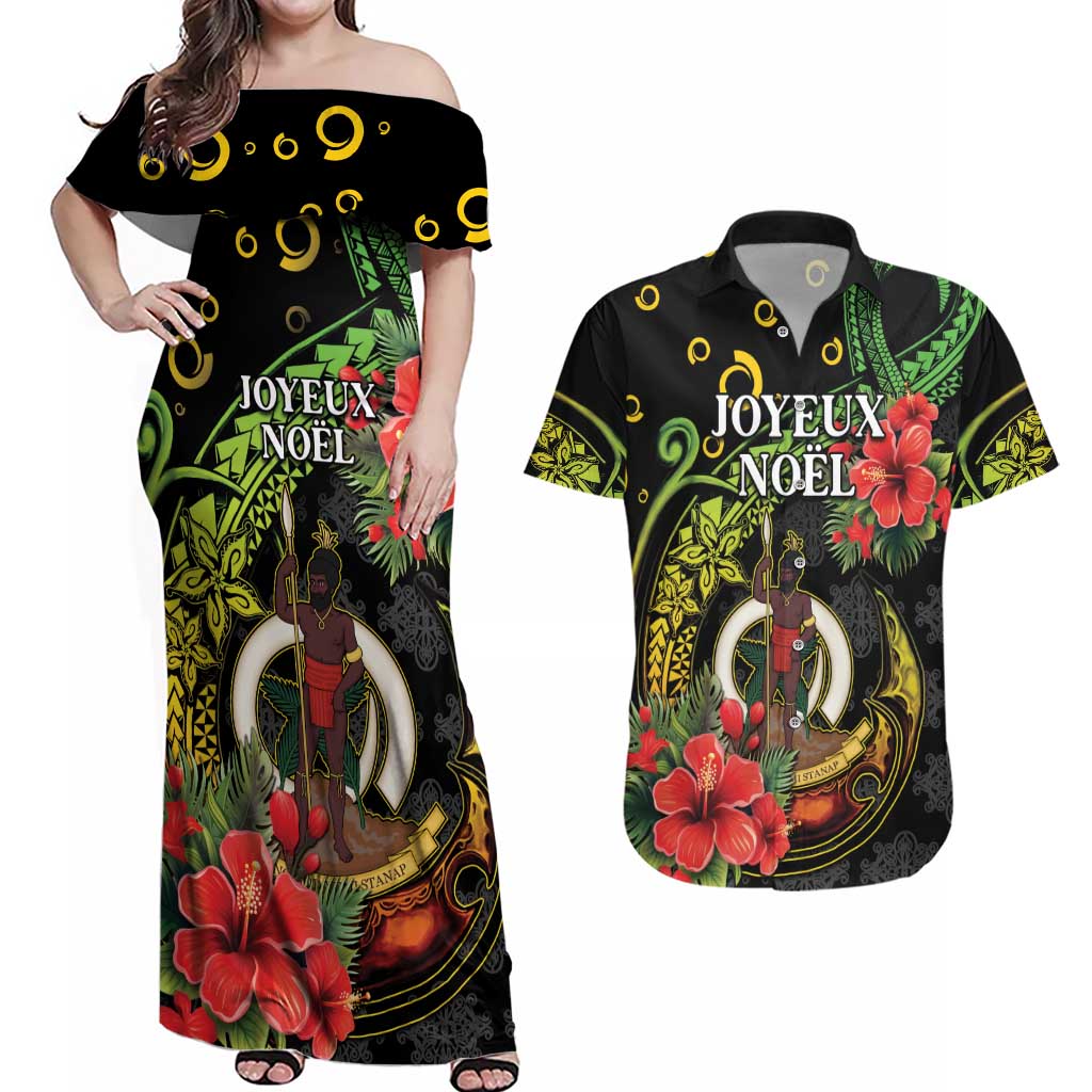 Love Vanuatu Christmas Couples Matching Off Shoulder Maxi Dress and Hawaiian Shirt God Yumi Polynesian Tribal Pattern LT05 Black - Polynesian Pride