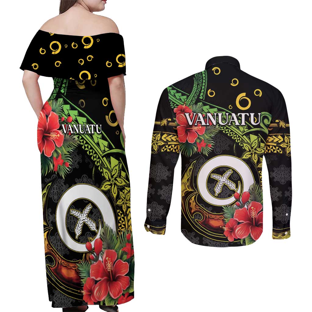 Love Vanuatu Christmas Couples Matching Off Shoulder Maxi Dress and Long Sleeve Button Shirt God Yumi Polynesian Tribal Pattern LT05 - Polynesian Pride