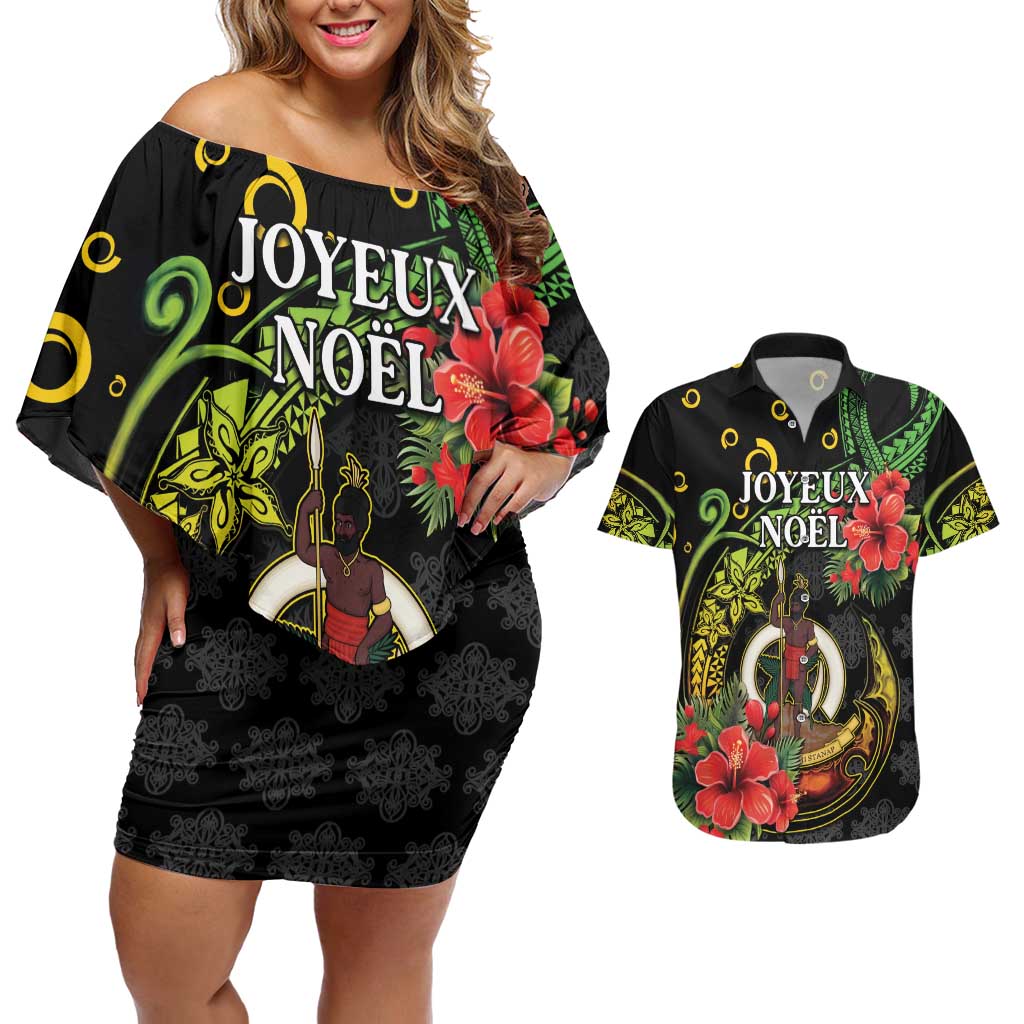 Love Vanuatu Christmas Couples Matching Off Shoulder Short Dress and Hawaiian Shirt God Yumi Polynesian Tribal Pattern LT05 Black - Polynesian Pride