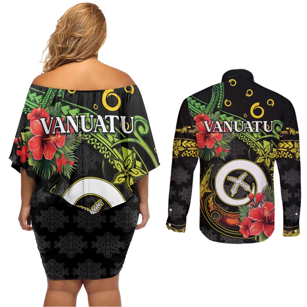 Love Vanuatu Christmas Couples Matching Off Shoulder Short Dress and Long Sleeve Button Shirt God Yumi Polynesian Tribal Pattern LT05 - Polynesian Pride