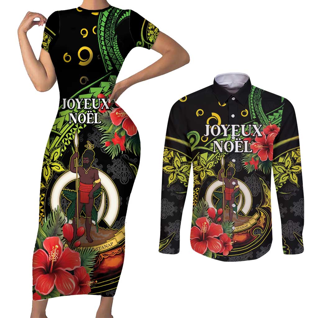 Love Vanuatu Christmas Couples Matching Short Sleeve Bodycon Dress and Long Sleeve Button Shirt God Yumi Polynesian Tribal Pattern LT05 Black - Polynesian Pride