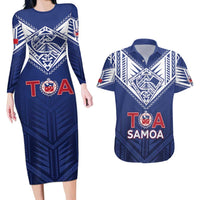 Super Toa Samoa Rugby Custom Couples Matching Long Sleeve Bodycon Dress and Hawaiian Shirt Warrior Spirit LT05 Blue - Polynesian Pride