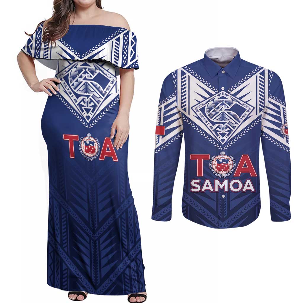 Super Toa Samoa Rugby Custom Couples Matching Off Shoulder Maxi Dress and Long Sleeve Button Shirt Warrior Spirit LT05 Blue - Polynesian Pride