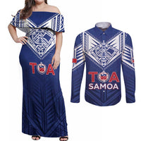 Super Toa Samoa Rugby Custom Couples Matching Off Shoulder Maxi Dress and Long Sleeve Button Shirt Warrior Spirit LT05 Blue - Polynesian Pride