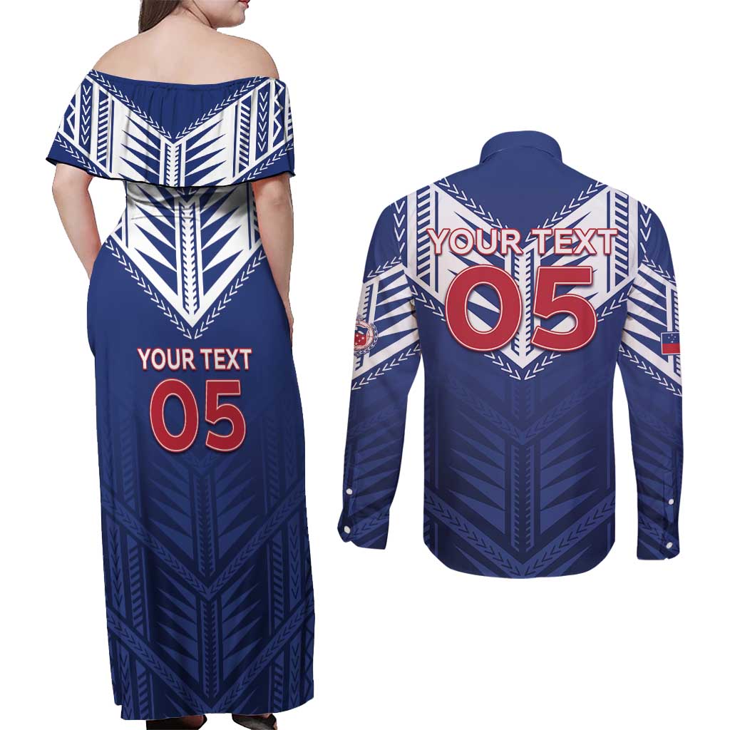 Super Toa Samoa Rugby Custom Couples Matching Off Shoulder Maxi Dress and Long Sleeve Button Shirt Warrior Spirit LT05 - Polynesian Pride