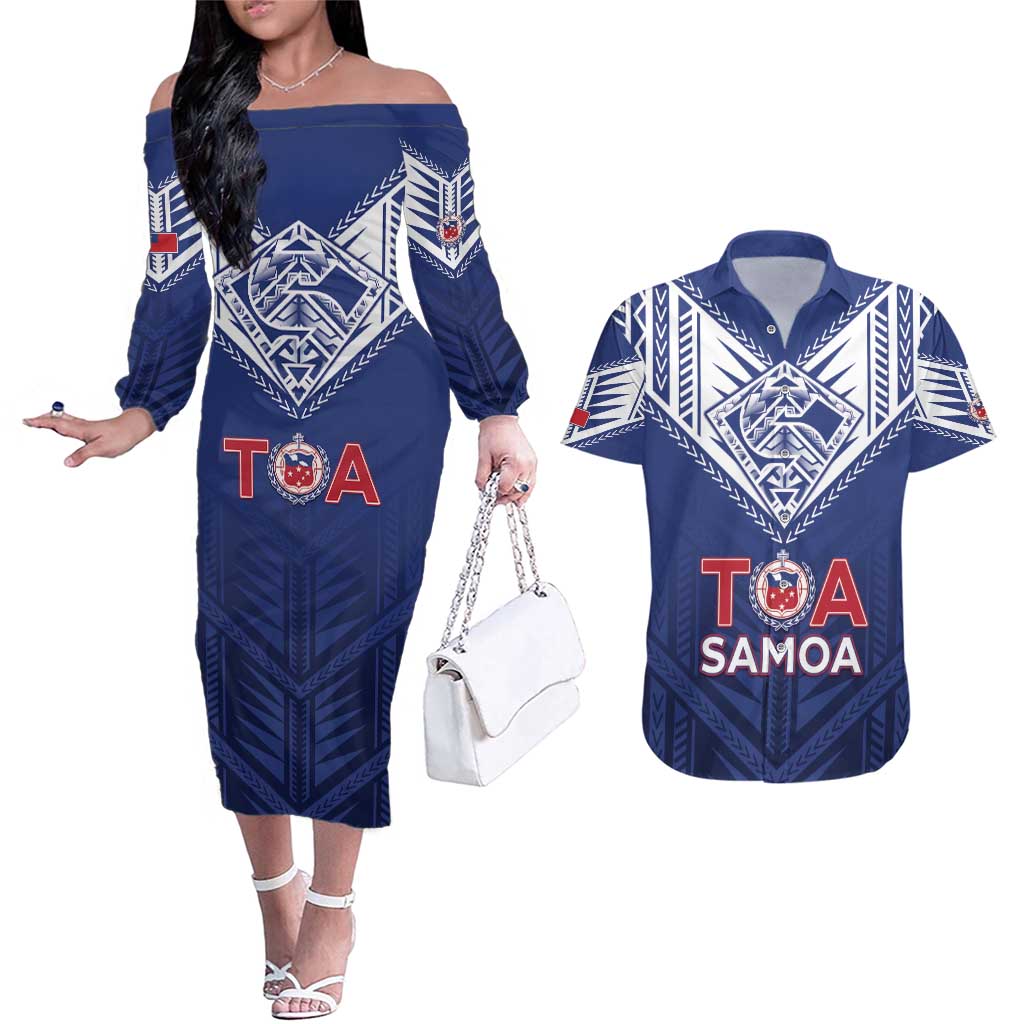 Super Toa Samoa Rugby Custom Couples Matching Off The Shoulder Long Sleeve Dress and Hawaiian Shirt Warrior Spirit LT05 Blue - Polynesian Pride