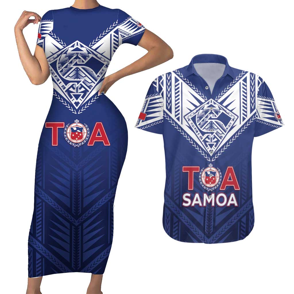 Super Toa Samoa Rugby Custom Couples Matching Short Sleeve Bodycon Dress and Hawaiian Shirt Warrior Spirit LT05 Blue - Polynesian Pride