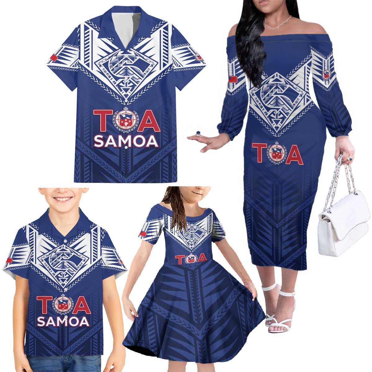 Super Toa Samoa Rugby Custom Family Matching Off The Shoulder Long Sleeve Dress and Hawaiian Shirt Warrior Spirit LT05 - Polynesian Pride