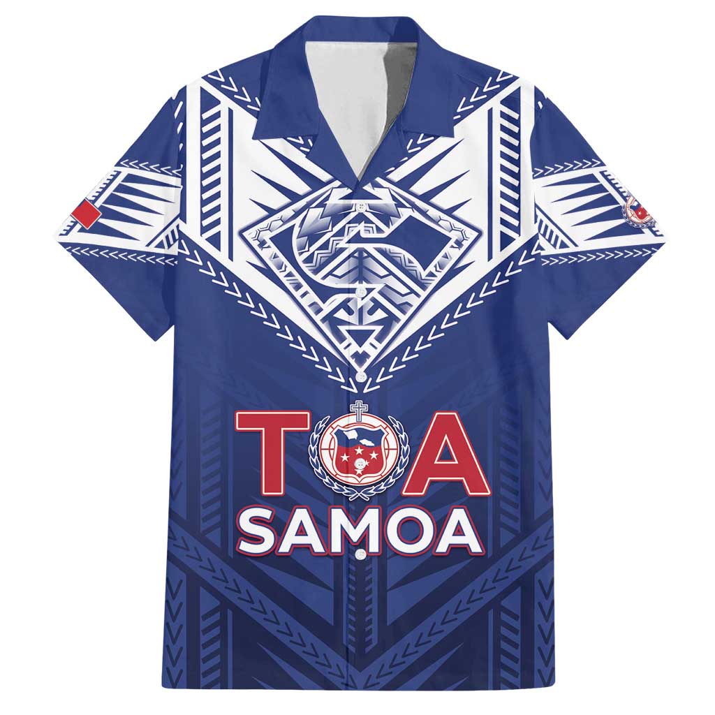 Super Toa Samoa Rugby Custom Family Matching Off Shoulder Maxi Dress and Hawaiian Shirt Warrior Spirit LT05 Dad's Shirt - Short Sleeve Blue - Polynesian Pride