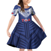 Super Toa Samoa Rugby Custom Family Matching Off Shoulder Short Dress and Hawaiian Shirt Warrior Spirit LT05 Daughter's Dress Blue - Polynesian Pride