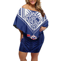 Super Toa Samoa Rugby Custom Family Matching Off Shoulder Short Dress and Hawaiian Shirt Warrior Spirit LT05 Mom's Dress Blue - Polynesian Pride