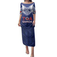 Super Toa Samoa Rugby Custom Family Matching Puletasi and Hawaiian Shirt Warrior Spirit LT05 Mom's Dress Blue - Polynesian Pride