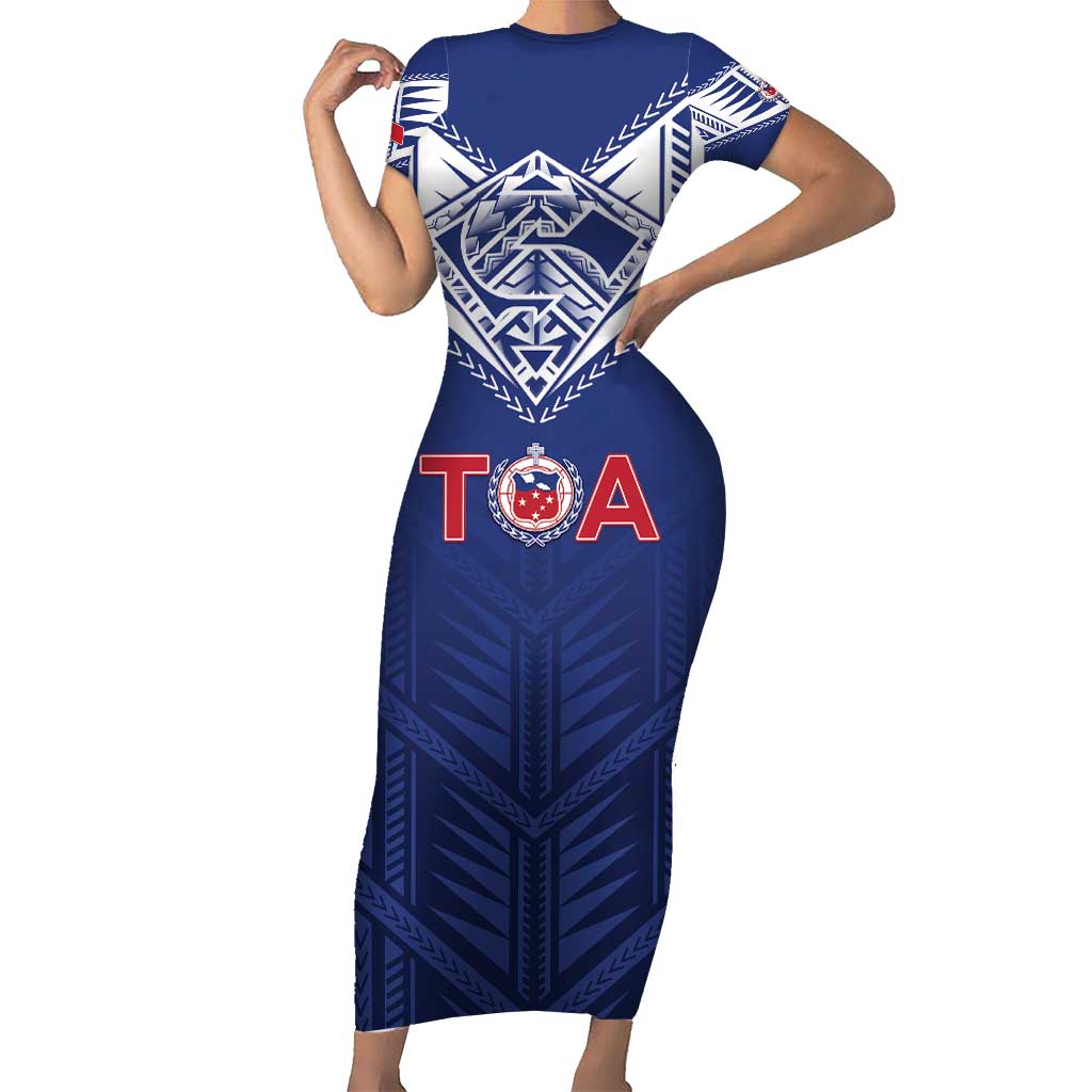 Super Toa Samoa Rugby Custom Family Matching Short Sleeve Bodycon Dress and Hawaiian Shirt Warrior Spirit LT05 Mom's Dress Blue - Polynesian Pride