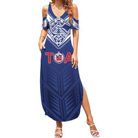 Super Toa Samoa Rugby Custom Family Matching Summer Maxi Dress and Hawaiian Shirt Warrior Spirit LT05 Mom's Dress Blue - Polynesian Pride
