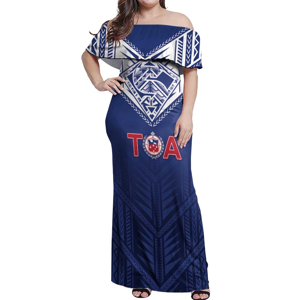 Super Toa Samoa Rugby Custom Off Shoulder Maxi Dress Warrior Spirit LT05 Women Blue - Polynesian Pride