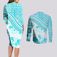 Hawaiian Tapa Couples Matching Long Sleeve Bodycon Dress and Long Sleeve Button Shirt Traditional Vintage Pattern Aqua LT05 - Polynesian Pride