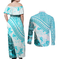 Hawaiian Tapa Couples Matching Off Shoulder Maxi Dress and Long Sleeve Button Shirt Traditional Vintage Pattern Aqua LT05 - Polynesian Pride