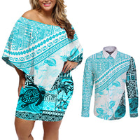 Hawaiian Tapa Couples Matching Off Shoulder Short Dress and Long Sleeve Button Shirt Traditional Vintage Pattern Aqua LT05 Aqua - Polynesian Pride