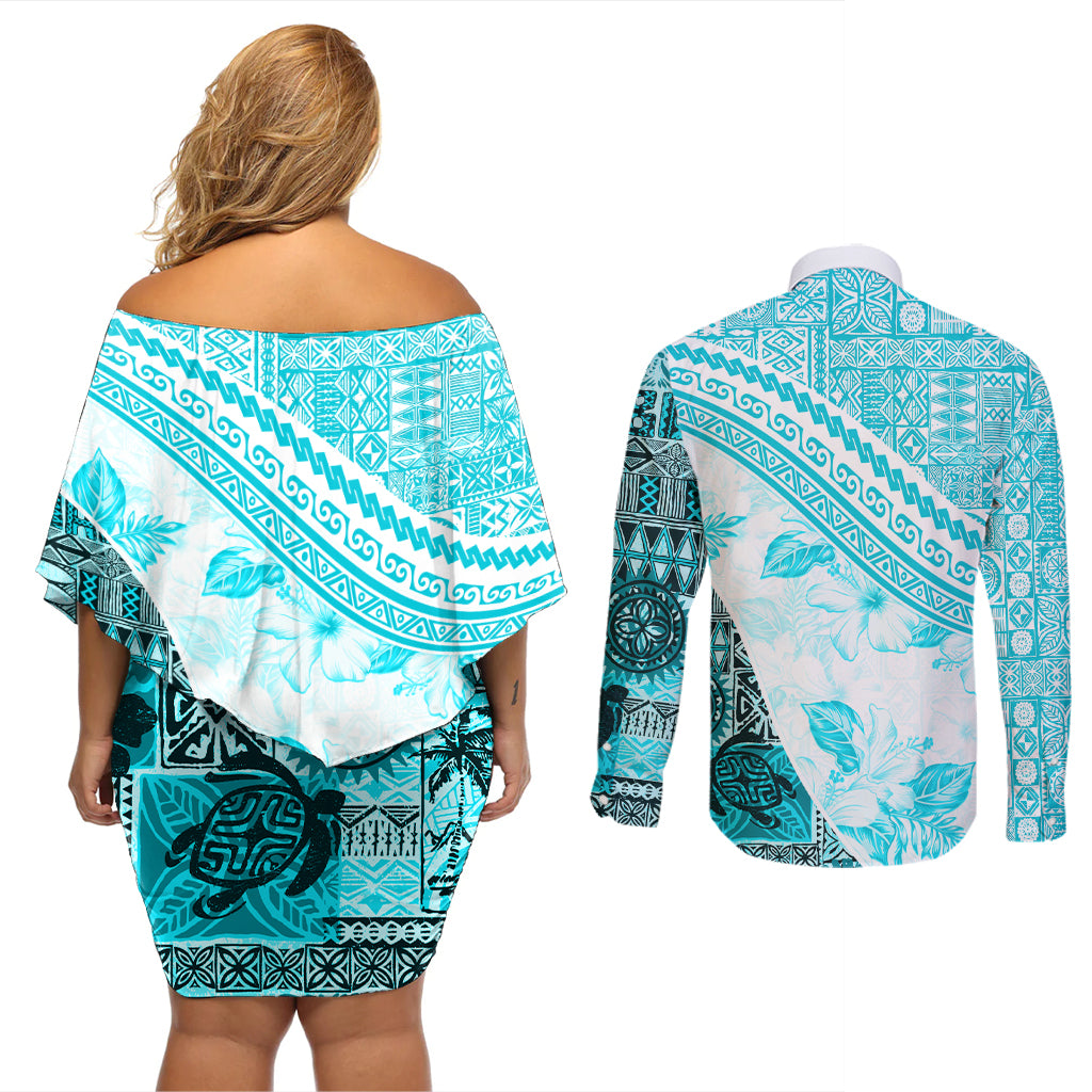 Hawaiian Tapa Couples Matching Off Shoulder Short Dress and Long Sleeve Button Shirt Traditional Vintage Pattern Aqua LT05 - Polynesian Pride